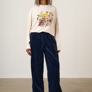 Norris - Wide Leg Corduroy Trousers in Navy with Mushroom Emb